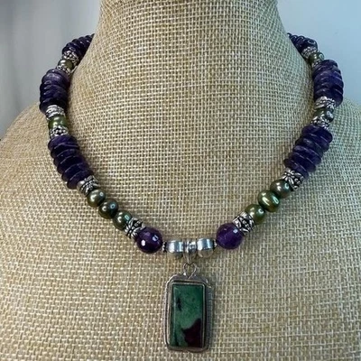 Collar de piedra llamativa amatista y perla púrpura y verde, probado, piedras preciosas Foto 1 de 4