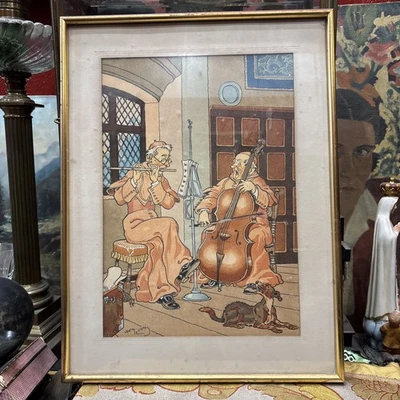 ancienne lithographie harry eliott les moines musiciens - Photo 1/3