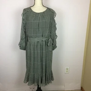 Neu ohne Etikett Calvin Klein Kleid Gr. 12 Damen schwarz weiß Hahnentritt elastischer Bund Rüschen - Bild 1 von 15