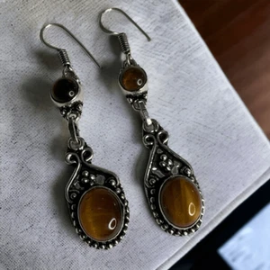 Vintage Tiger Eye Gemstone Handmade Drop Dangle Earrings Silver Vintage Style - Picture 1 of 12