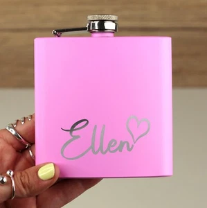 Personalised Pink Hip Flask Engraved Wedding Bridesmaid Gift Love Heart Design - Picture 1 of 9