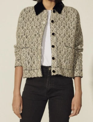 Женская куртка Sandro Paris размер 3/L твид с контрастным воротником SFPCA00274 - Изображение 1 из 4