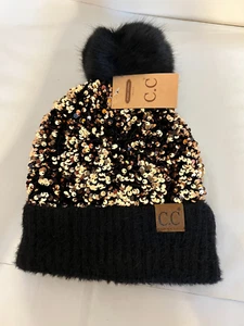 C.C. Gold Sparkly Sequin Pom Pom Beanie - Womens Adult Winter Hat - New With Tag - Picture 1 of 3