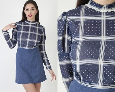 Vtg 70s Blue Chambray Shadow Plaid Checkered Roll Collar Lace Party Mini Dress - Image 1 of 4
