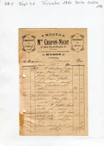 Dépt 41 - Blois 17 Rue Denis Papin - Petite Entête Mode & Chapellerie du 12/1910 - Picture 1 of 1