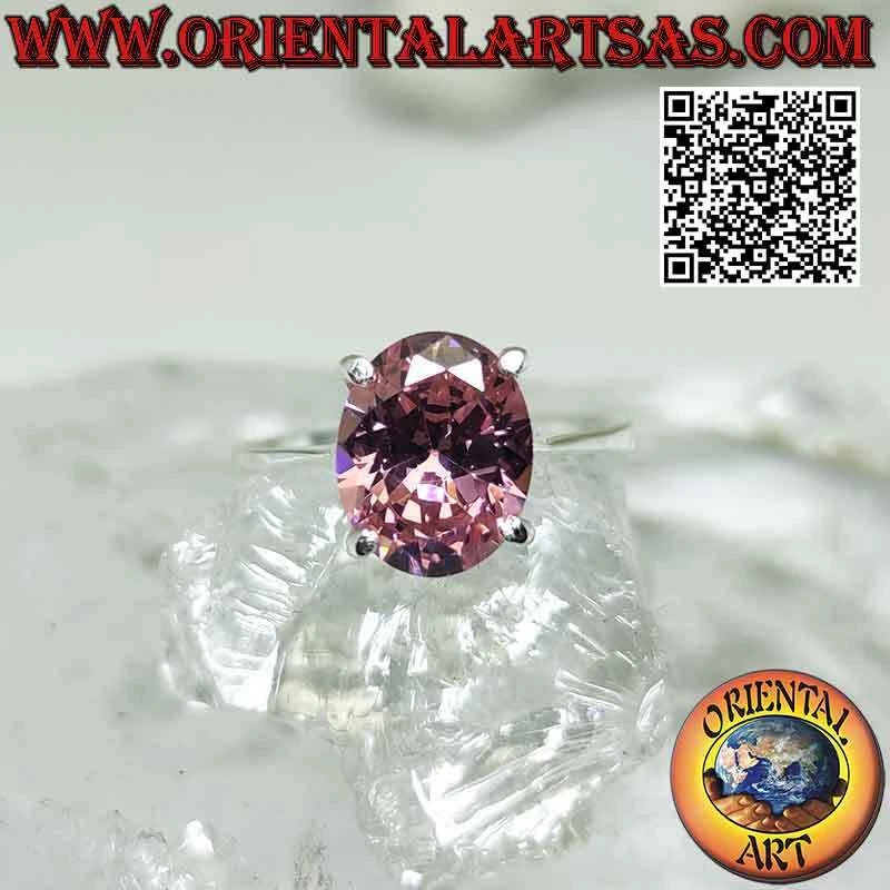 Anello in argento 925 ‰ zircone rosa di Francia sfaccettato ovale incastonato - Immagine 1 di 4