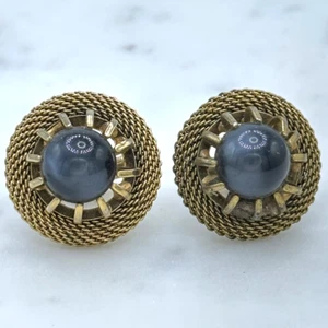 Men Vintage Gold Tone Mesh Contour Gray Inlay Round Bullet Back Cufflinks - Picture 1 of 6