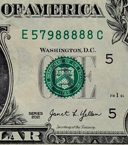 2021 $1 bill fancy serial, trailing five in a row/of a kind 8s, E 57988888 C - Picture 1 of 3