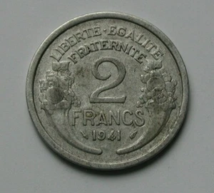 1941 FRANCE Aluminum WWII Coin by MORLON - 2 Francs - circulated & toned - Picture 1 of 2