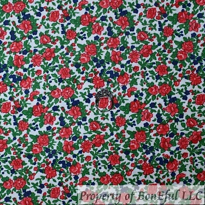 BonEful Fabric FQ Cotton Quilt VTG White Red Blue Small Rose Flower Tiny Antique - Image 1 of 4