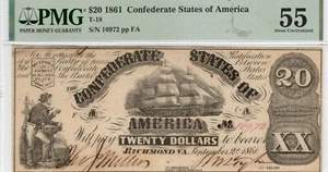 T-18 PF-7 1861 $20 Confederate Paper Money - PMG About Uncirculated 55 - Picture 1 of 2