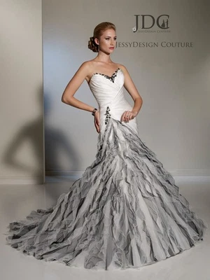 Edles Fit Flare Spitze Brautkleid Hochzeitskleid Rüschen Maßanfertigung Schwarz - Bild 1 von 4