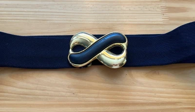 VTG Navy Elastic Cinch Wide Belt Gold Buckle Retro 80s/90s Glam Foto 1 de 4