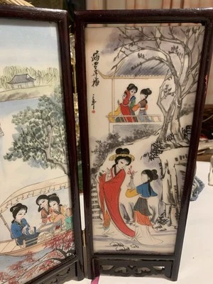 "Hand Painted Dual Scene Miniature Chinese Four Panel Screen"(6.75" H x 10.5" W) - Image 1 of 4