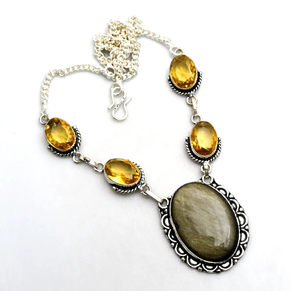 Collar hecho a mano de piedras preciosas citrino obsidiana brillo plata joyería 27 Gms AN 15308 Foto 1 de 1