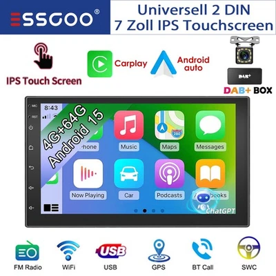 4GB+64GB 7" Autoradio Android 15 Carplay GPS NAVI WIFI Kamera+ Doppel 2 DIN DAB+ - Bild 1 von 4