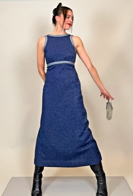 Vintage 70s Dress Blue Silver Sparkle Empire Waist Space Age Women's Small - Image 1 of 4