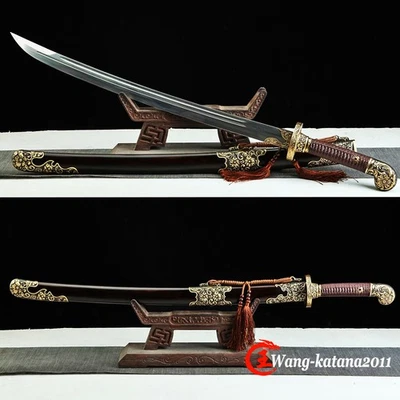 40" Handmade Chinese Qing Dao Full Tang Sharp Ox Tail Sword Ebony Damascus Steel - Image 1 of 4