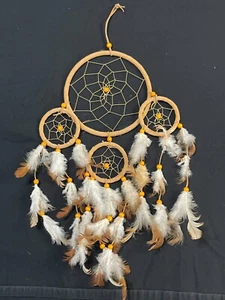 DREAM CATCHER - Handmade - WHITE Feathers, Yellow Beads - Wall Hanging - 16 inch - Picture 1 of 18