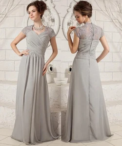 Chiffon Mother of The Bride Dress V Neck Cap Sleeve Appliques Pleated Prom Gowns - Picture 1 of 12