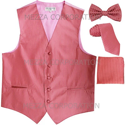 New Men's Tuxedo Vest Vertical Stripes Necktie, Bowtie & Hankie set party Coral - Image 1 of 4