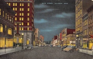 Main Street Vtg Cars Night Street Scene Alliance,Oh Vtg 1950 Linen Postcard - Picture 1 of 2