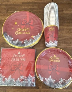 96 Pieces Christmas Paper Cups, Plates, & Napkins Disposable Xmas Party Supplies - Picture 1 of 2