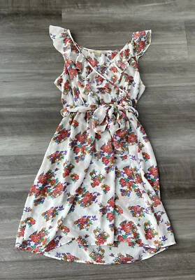 xxi Floral Sheer Faux Wrap Dress Sz S Ruffle Belted White Red - Image 1 of 4