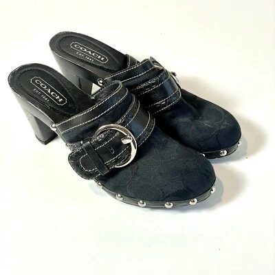 Coach Sable Wooden Clog Mules Womens 6.5 M Black Studded Suede Leather Signature - Image 1 of 4