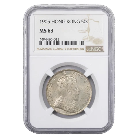 Hong Kong 1905 50 Cents Silver Coin - NGC MS-63 Cover