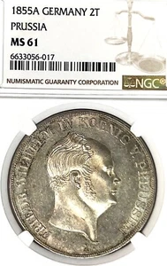 German States Prussia 1855 A 2 Talers Coin Thaler NGC MS 61 VZ/F.STG UNC RARE - Picture 1 of 3