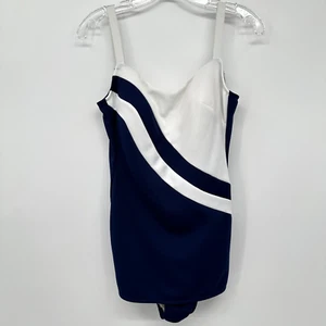 Vintage 60s Swimsuit Size 12 Front Skirt Union Label One Piece Blue White USA - Picture 1 of 14