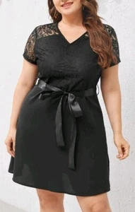 Plus Size 24 Black Lace Shoulder Ribbon Tie Waist Skater Style Dress Tunic top - Picture 1 of 12