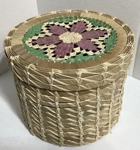 Vintage Woven Sweet Grass Round Basket W/Lid Storage Box 7” Tall x 8.75” Wide - Picture 1 of 11