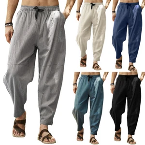Men's Cotton Linen Baggy Trousers Wide Leg Elastic Waist Loose Harem Pants Plus - Picture 1 of 18