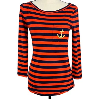 Sperry Top-Sider Knit Top Women Small Orange and Navy Stripe Nautical Foto 1 de 4