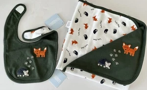 NWT Infants Gymboree FOREST RASCALS Cotton Green/White REVERSIBLE BLANKET & BIB - Picture 1 of 6