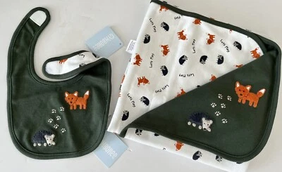 NWT Infants Gymboree FOREST RASCALS Cotton Green/White REVERSIBLE BLANKET & BIB - Image 1 of 4