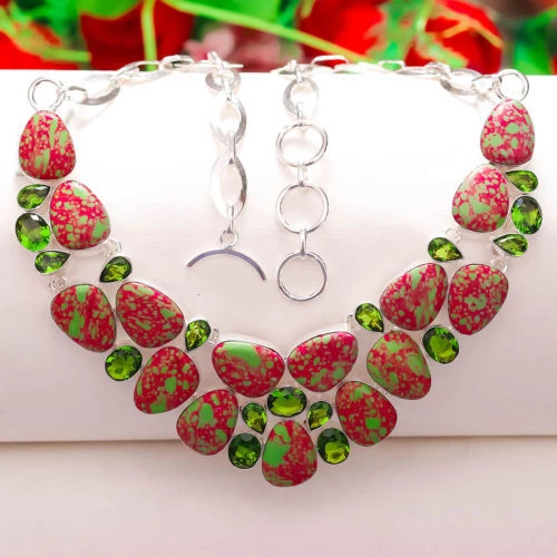 Collana Dazzling E Prezioso Argento 925 Pietra di Mosaico Diaspro Rosso E Verde - Immagine 1 di 1