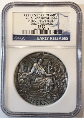 2015 P 2 Oz NGC PF70 Tuvalu Goddesses Of Olympus Hera High Relief Early Releases - Image 1 of 3