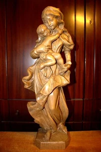 ANTIQUE 20" HAND CARVED WOOD CATHOLIC VIRGIN MARY OUR LADY JESUS STATUE FIGURE - Picture 1 of 11