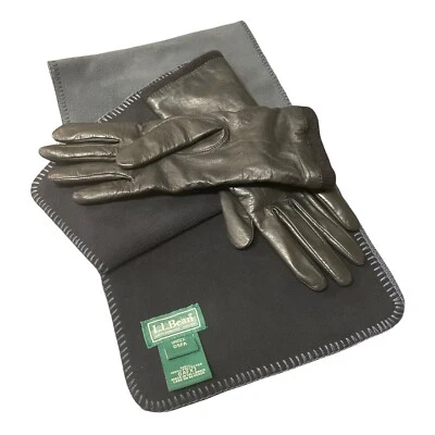 复古 LL Bean 黑色皮革手套羊绒衬里柔软抓绒围巾女式 — 第 1/4 张图片