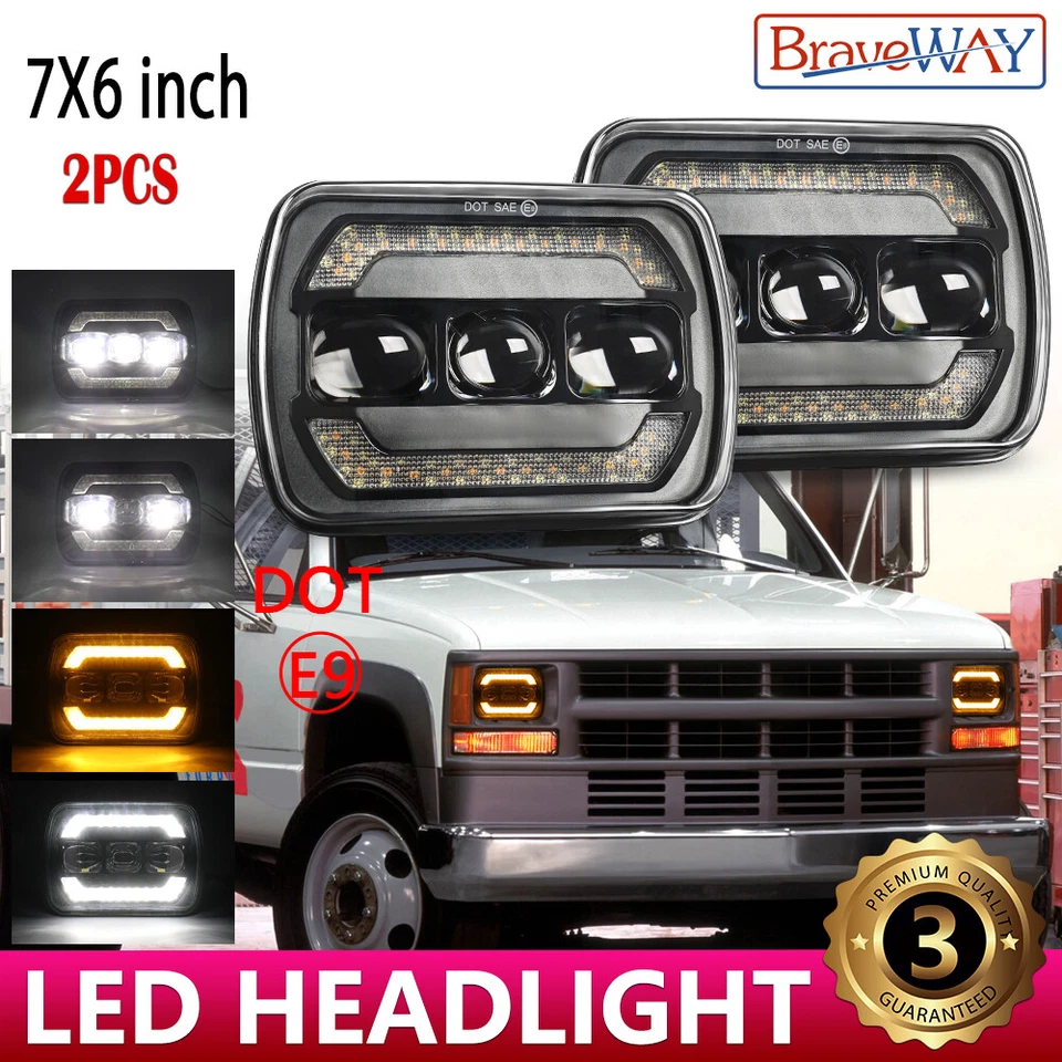 2PCS 7x6" LED Headlights Hi-Lo Halo Black Headlamp For Chevy C6500 C7500 Kodiak - Image 1 of 4