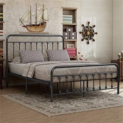 Metal Queen Size Platform Bed Frame w/Vintage Headboard Footboard,Black Silver - Image 1 of 4