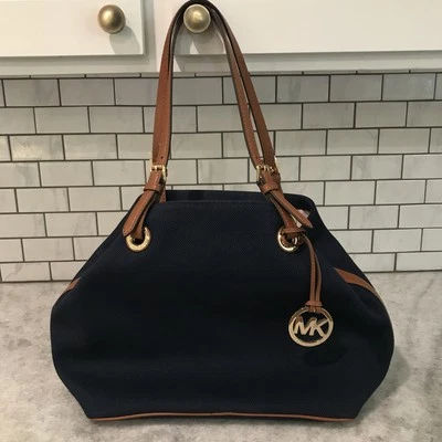 Bolso de Mano Michael Kors Para Mujer Grande Azul Lona Cuero Cartera de Hombro MK Charm Foto 1 de 4