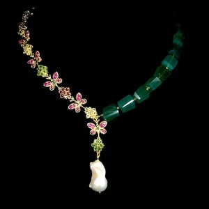 925 Sterling Silver Necklace Round Ruby Aventurine Pearl Gemstone Jewelry 17in - Picture 1 of 13