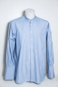 Pink Mens Shirt Blue 15 Reg Fit Grandad Band Collar Cotton Button Up Shirtmaker - Picture 1 of 13