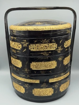 Cesta de boda china antigua grande de colección 3 niveles laca dorada negra decoración asiática Foto 1 de 4