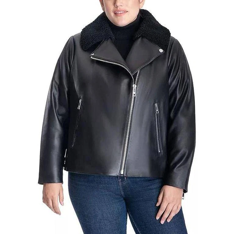 Chaqueta de cuero genuino MICHAEL Michael Kors para mujer talla grande Moto Foto 1 de 1
