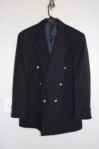 NAVY-BLUE 100% WOOL DOUBLE-BREASTED METAL BUTTON BLAZER JACKET sz 42L sport coat - Picture 1 of 6